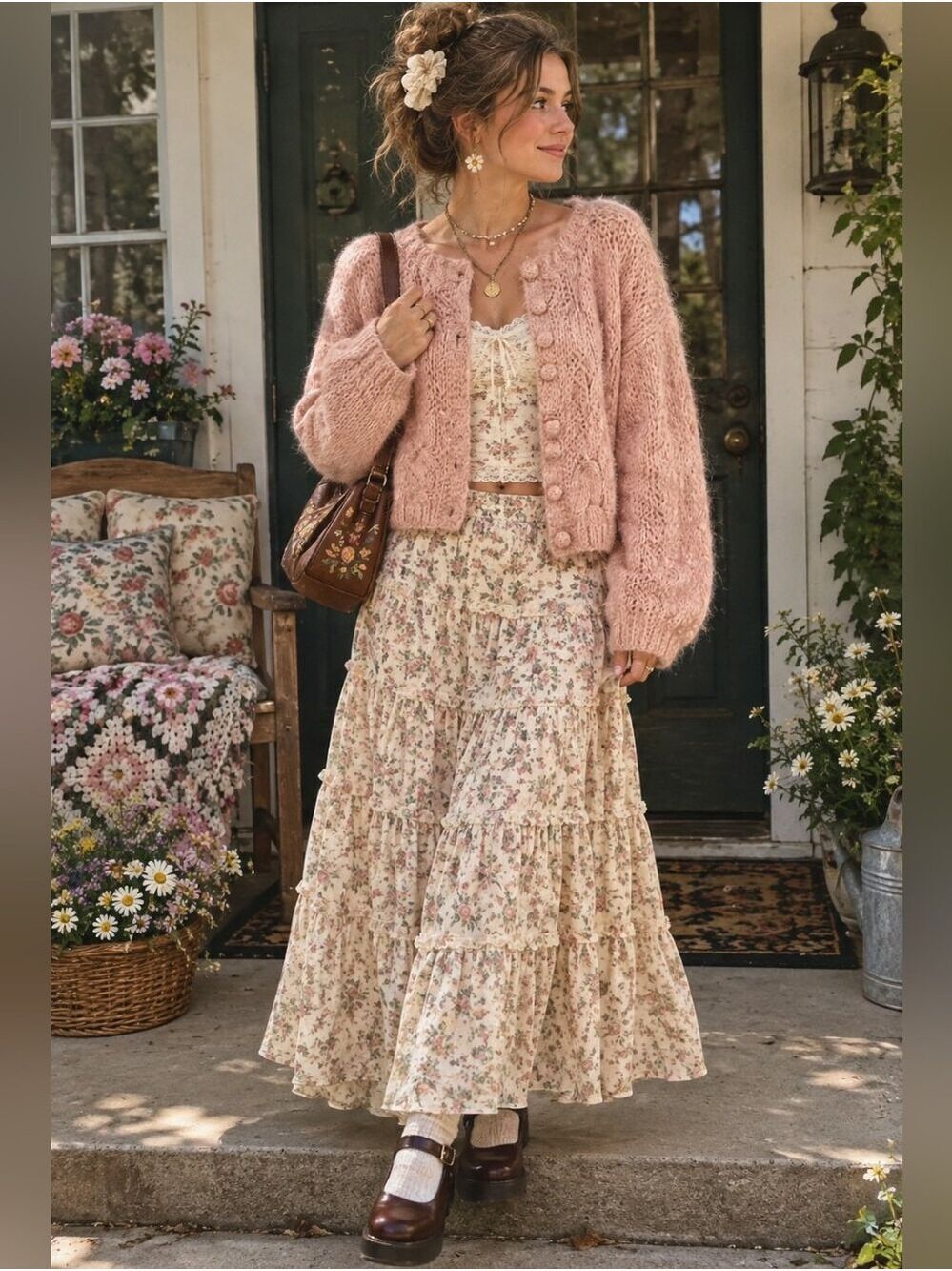 VTG Handmade Soft Fuzzy Pink Cable-Knit Women's Sweater Cardigan